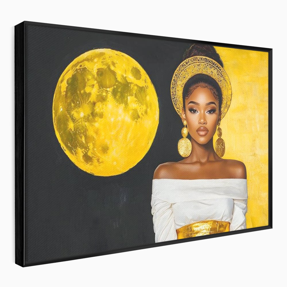 Tablou canvas cu tablou canvas cu femeie si luna aurie, in rama de aluminiu negru